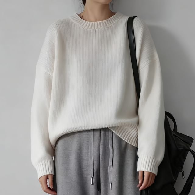 MIKIGA-Crewneck Plain Sweater