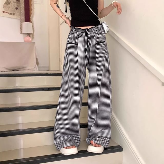 MIKIGA-Drawstring Waist Gingham Baggy Pants