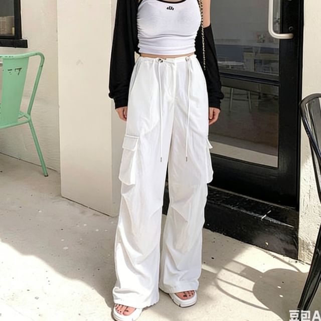 MIKIGA-Drawstring Waist Plain Cargo Wide Leg Pants