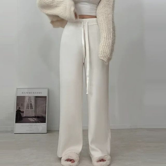 MIKIGA-Drawstring Waist Plain Knit Wide Leg Pants
