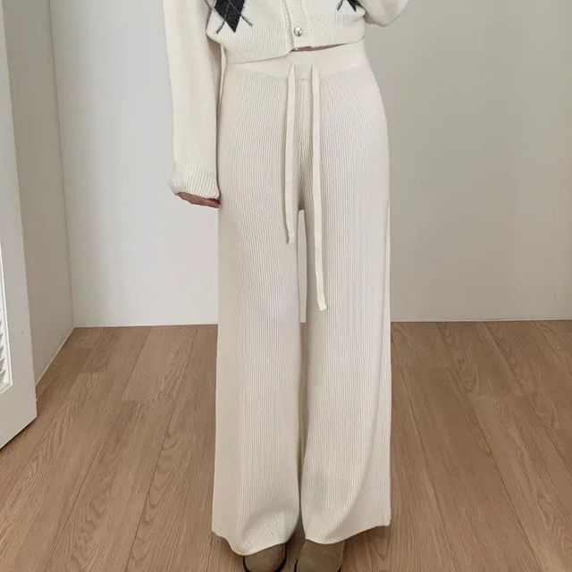 MIKIGA-Drawstring Waist Plain Knit Wide Leg Pants