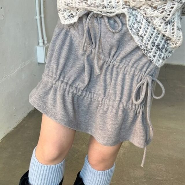 MIKIGA-Drawstring Waist Plain Ruched Mini A-Line Skirt