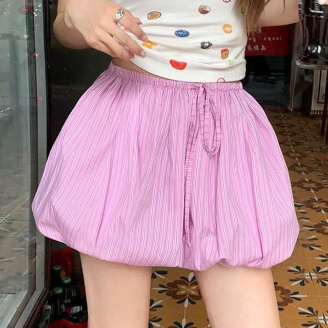 MIKIGA-Drawstring Waist Striped Bubble Hem Shorts