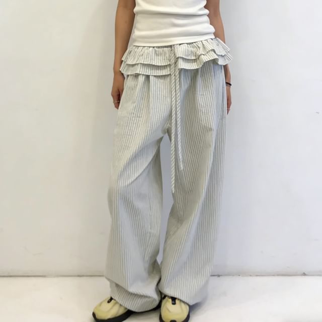 MIKIGA-Drawstring Waist Striped Ruffle Trim Wide Leg Pants