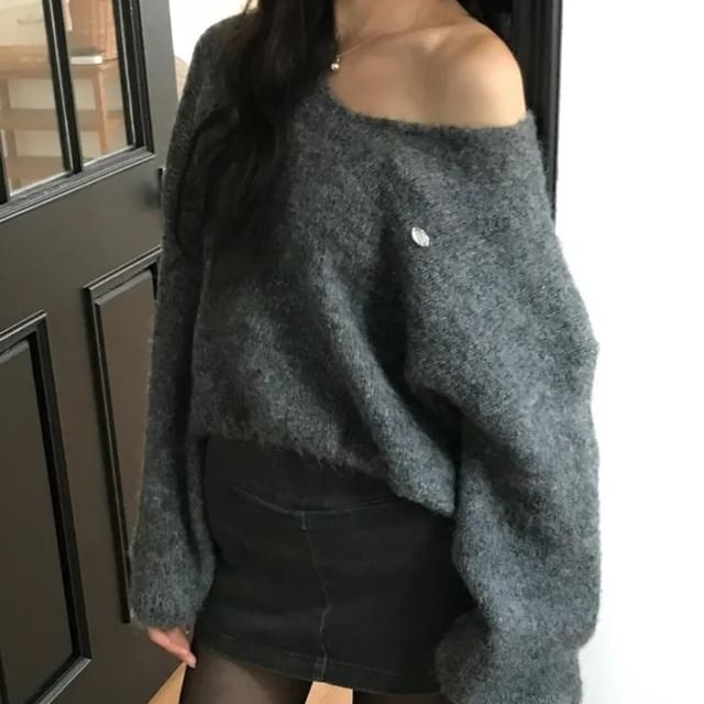 MIKIGA-Drop Shoulder V-Neck Plain Sweater