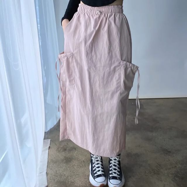 MIKIGA-Elastic Waist Plain Maxi Skirt