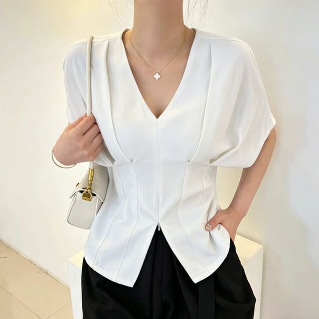MIKIGA-Elbow-Sleeve V-Neck Plain Zip Slit Blouse