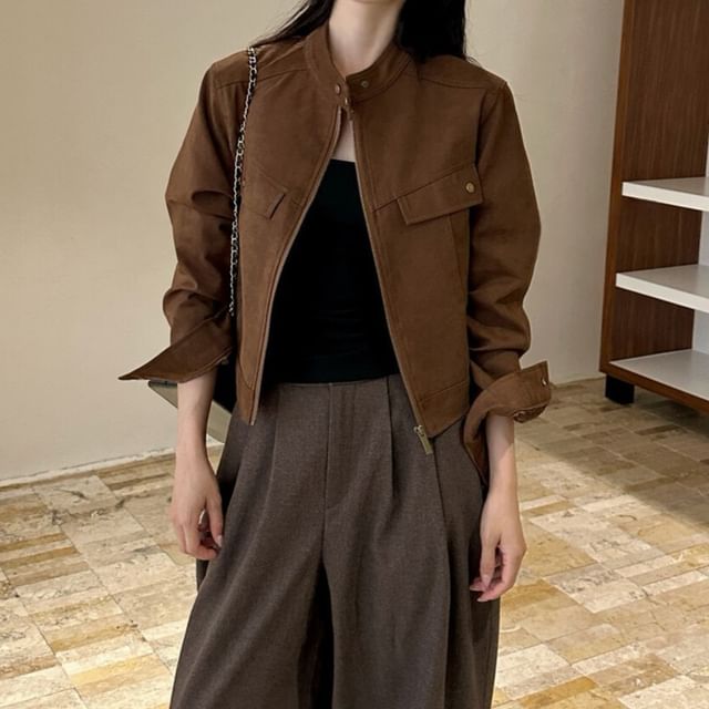 MIKIGA-Faux Leather Collared Zip-Up Crop Jacket
