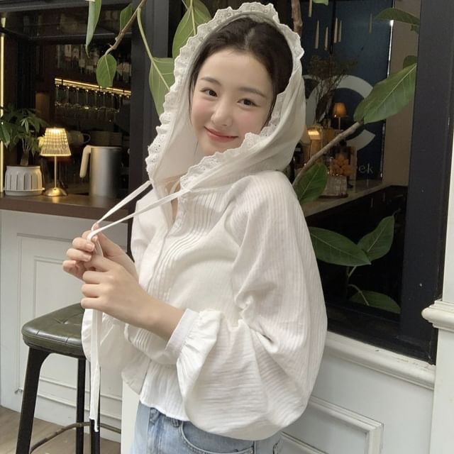 MIKIGA-Frill Trim Zip-Up Hooded Jacket