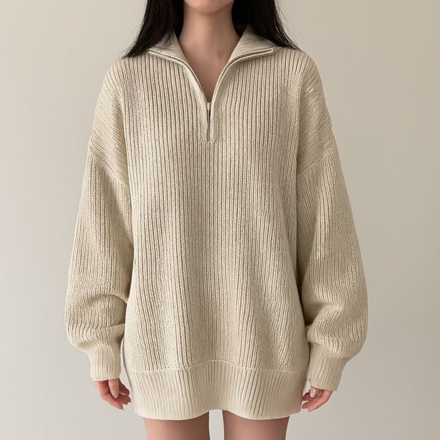 MIKIGA-Half Zip Ribbed Knit Oversized Sweater