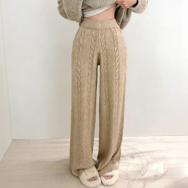 MIKIGA-High Rise Plain Cable Knit Wide Leg Pants