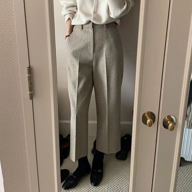 MIKIGA-High Rise Plain Cropped Straight Leg Slacks
