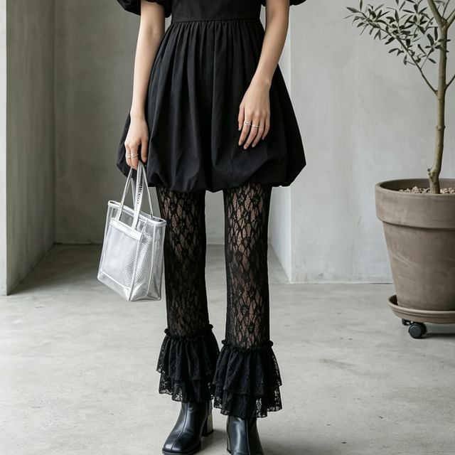 MIKIGA-High Waist Lace Layered Hem Flared Pants