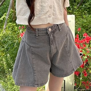 MIKIGA-High Waist Washed Pleated Denim Shorts