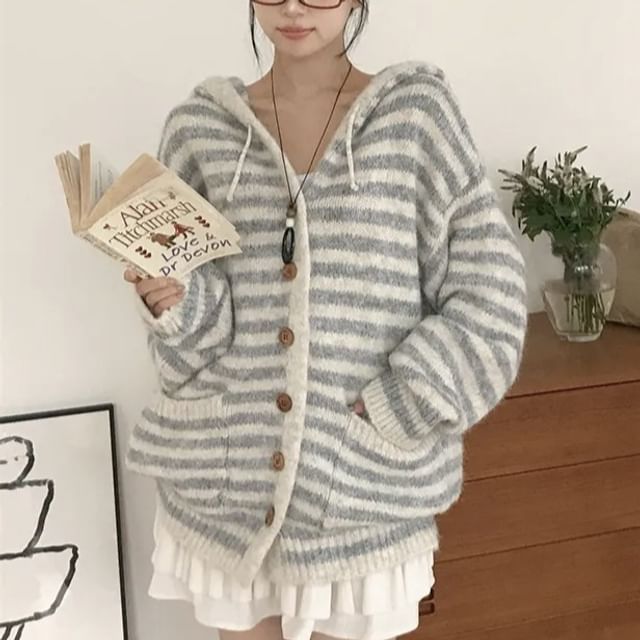 MIKIGA-Hooded Striped Button Up Cardigan