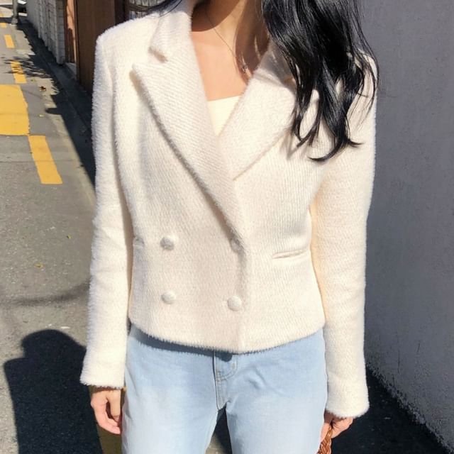 MIKIGA-Lapel Collar Plain Double Breasted Blazer