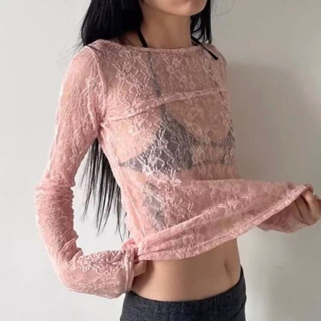 MIKIGA-Long-Sleeve Boat Neck Lace Top
