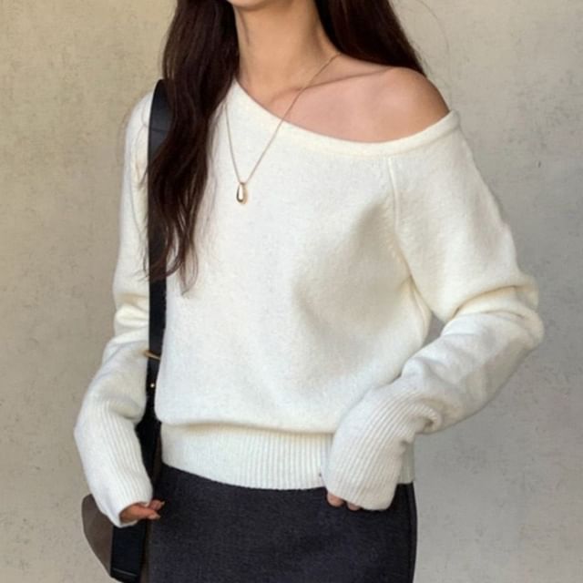 MIKIGA-Long-Sleeve Boat Neck Plain Sweater