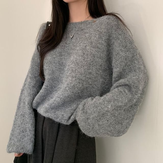 MIKIGA-Long-Sleeve Boat Neck Plain Sweater