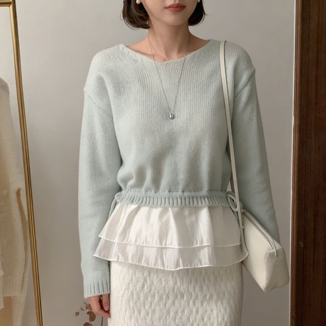 MIKIGA-Long-Sleeve Boatneck Ruffle Crop Knit Top