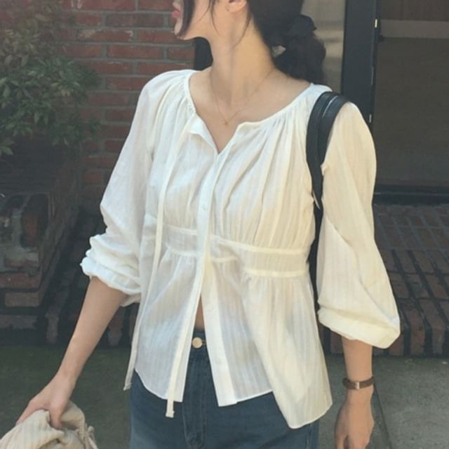 MIKIGA-Long-Sleeve Button-Up Plain Crop Shirt