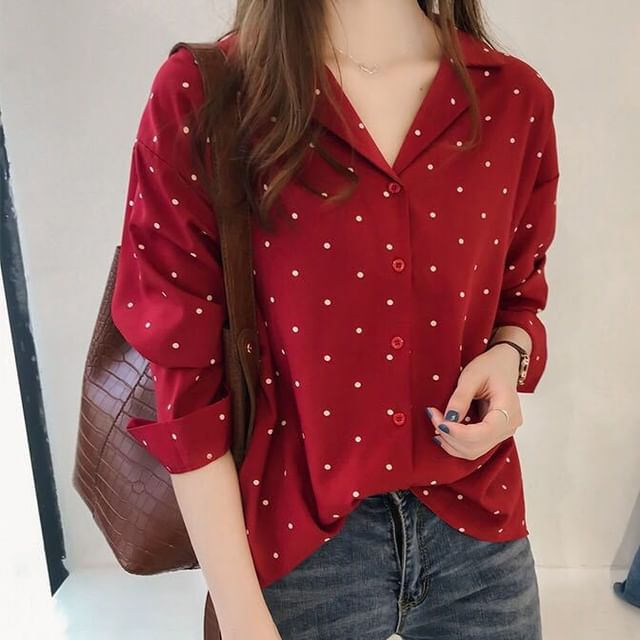 MIKIGA-Long Sleeve Collared Dotted Blouse