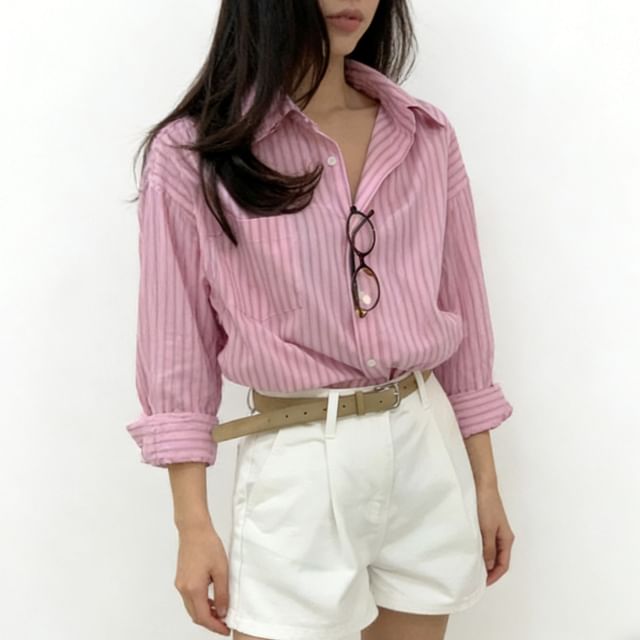 MIKIGA-Long-Sleeve Collared Pinstriped Button Up Shirt