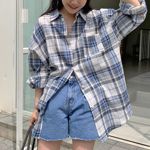 MIKIGA-Long-Sleeve Collared Plaid Button Up Oversized Shirt