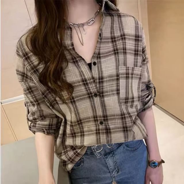 MIKIGA-Long Sleeve Collared Plaid Shirt