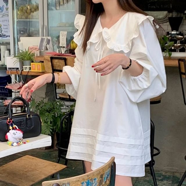 MIKIGA-Long-Sleeve Collared Plain Mini Shift Dress