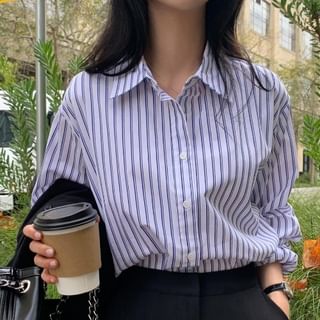 MIKIGA-Long Sleeve Collared Striped Shirt