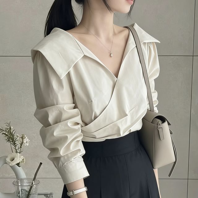 MIKIGA-Long-Sleeve Collared V-Neck Plain Blouse