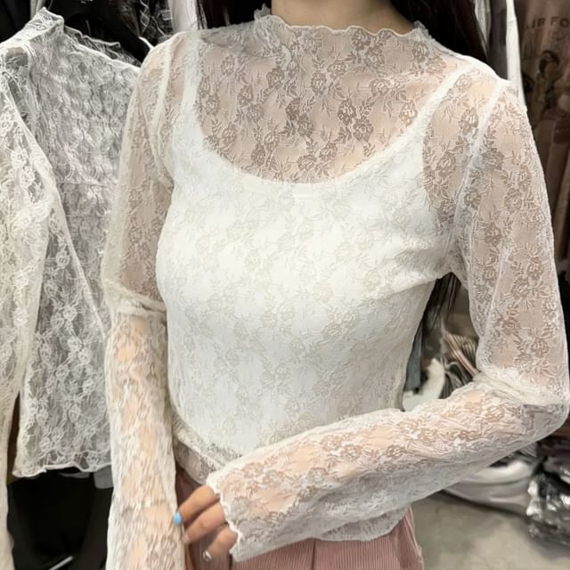 MIKIGA-Long-Sleeve Mock Neck Lace Top
