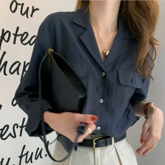 MIKIGA-Long-Sleeve Plain Notch Lapel Plain Shirt