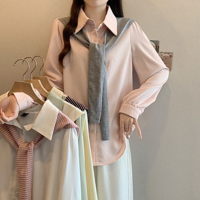 MIKIGA-Long-Sleeve Plain Shirt Shrug