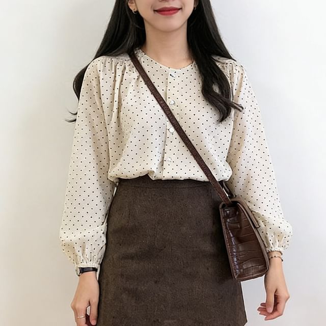 MIKIGA-Long Sleeve Round Neck Dotted Blouse