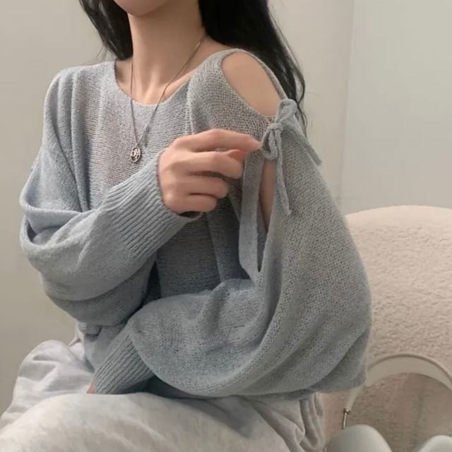 MIKIGA-Long-Sleeve Round Neck Plain Cold Shoulder Sweater