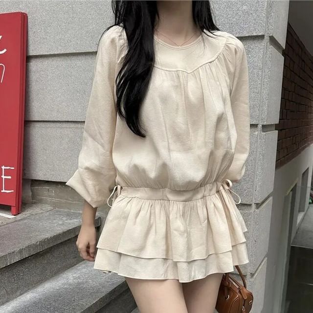 MIKIGA-Long Sleeve Round Neck Plain Drawstring Ruffle Mini A-Line Dress