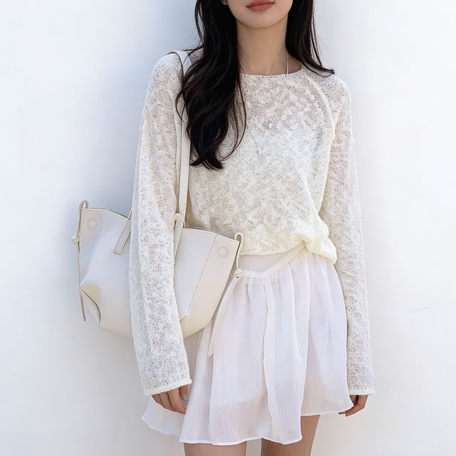 MIKIGA-Long Sleeve Round Neck Plain Knit Top