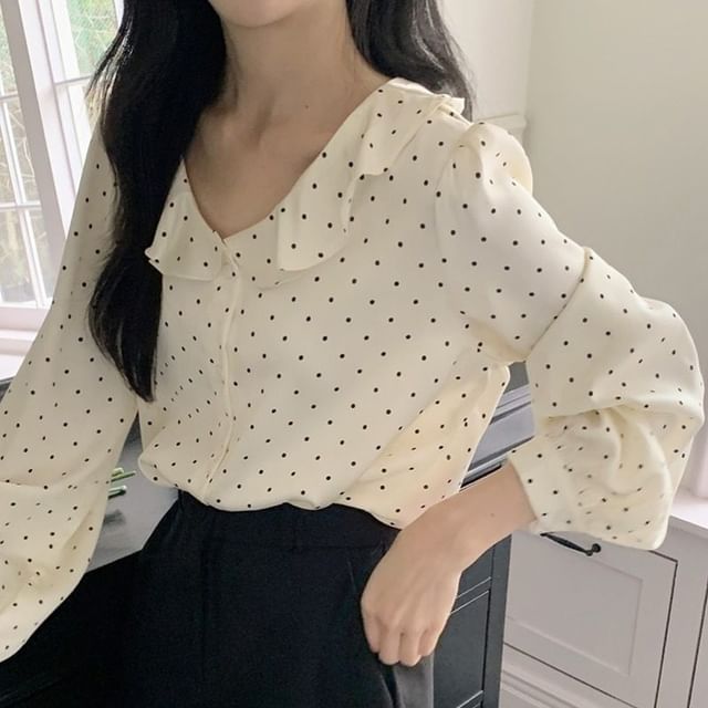 MIKIGA-Long-Sleeve Ruffle Polka Dot Blouse