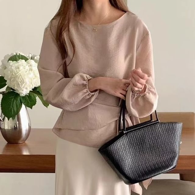 MIKIGA-Long-Sleeve Sashed Plain Blouse