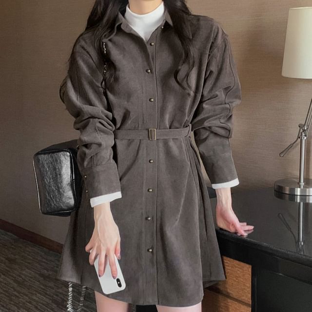 MIKIGA-Long-Sleeve Sashed Plain Mini Shirt Dress
