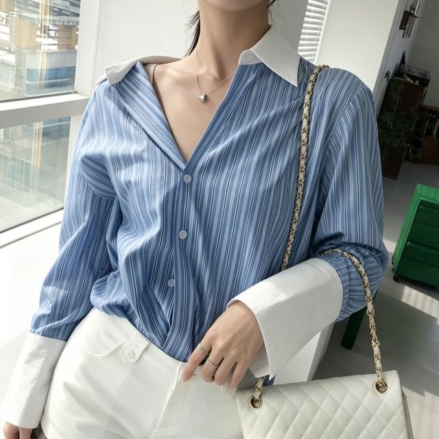 MIKIGA-Long-Sleeve Shadow Stripe Shirt
