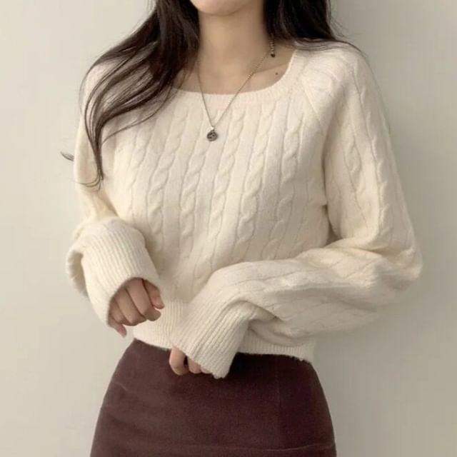 MIKIGA-Long-Sleeve Square Neck Plain Crop Knit Top