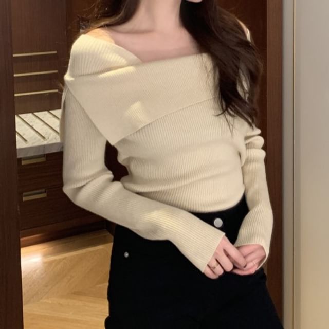 MIKIGA-Long-Sleeve Square Neck Plain Ribbed Knit Top
