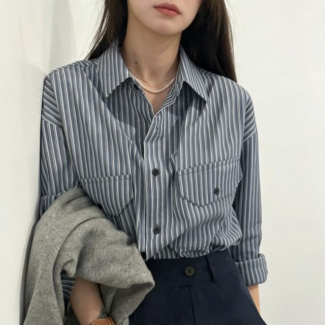 MIKIGA-Long-Sleeve Striped Button-Up Shirt