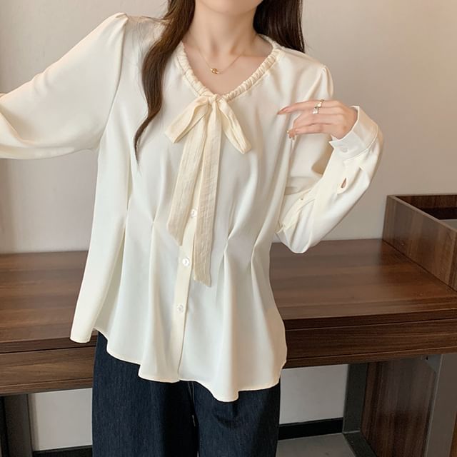 MIKIGA-Long-Sleeve Tie-Neck Plain Blouse