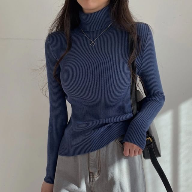 MIKIGA-Long-Sleeve Turtleneck Plain Ribbed Knit Top