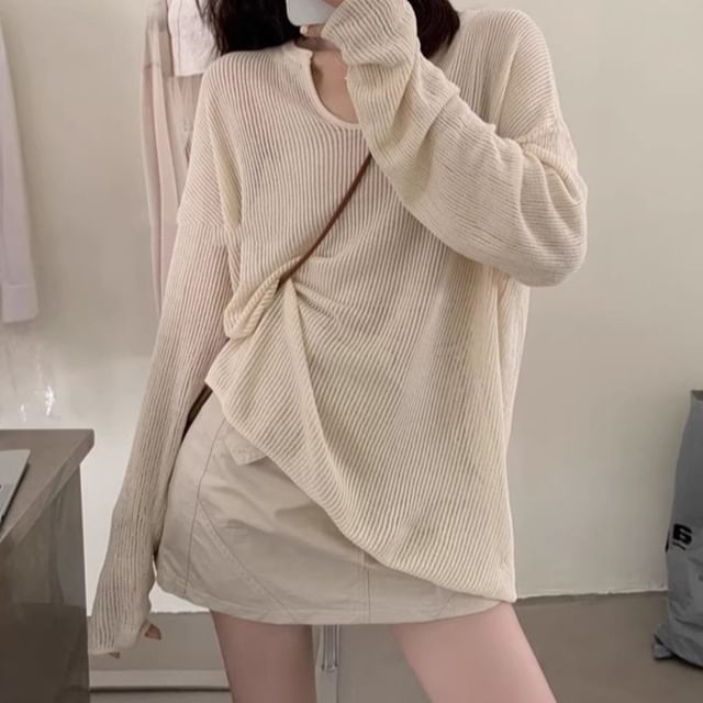 MIKIGA-Long-Sleeve U-Neck Plain Top