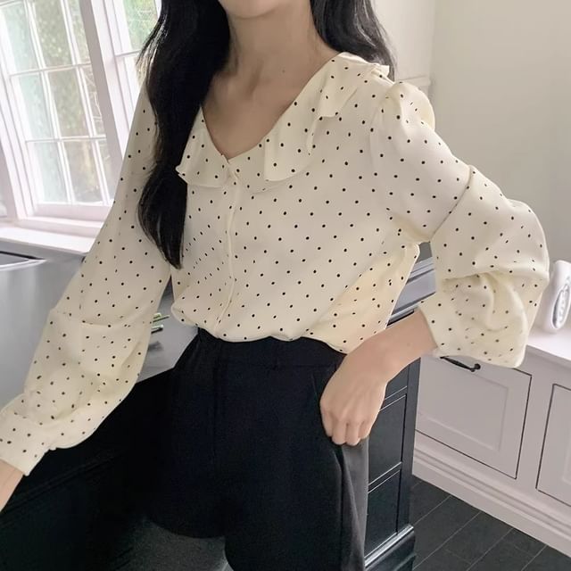 MIKIGA-Long Sleeve V-Neck Dotted Ruffle Blouse